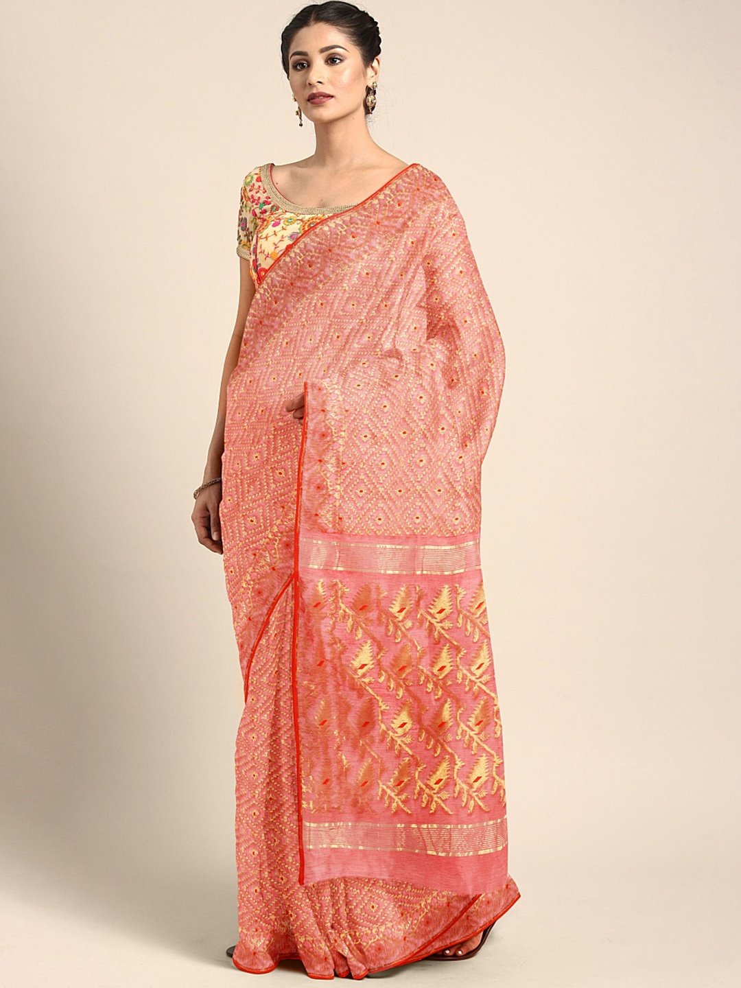 

Kalakari India Maroon & Cream-Coloured Ethnic Motifs Silk Cotton Jamdani Saree