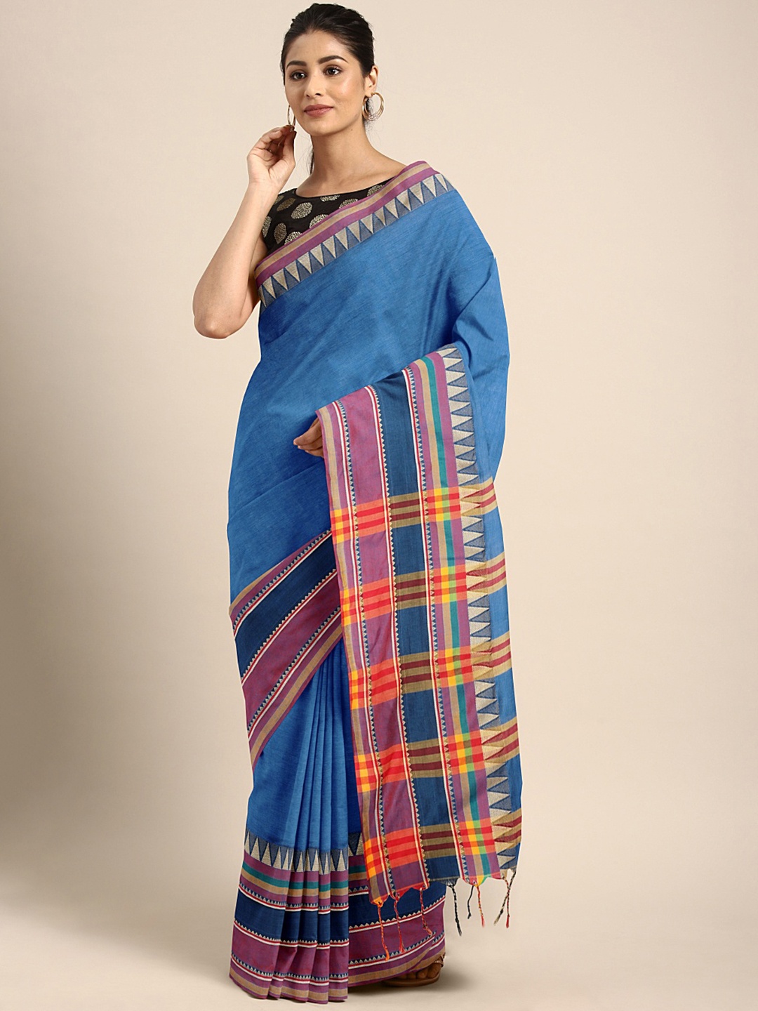 

Kalakari India Blue & Red Woven Design Kutchi Embroidery Pure Cotton Jamdani Saree