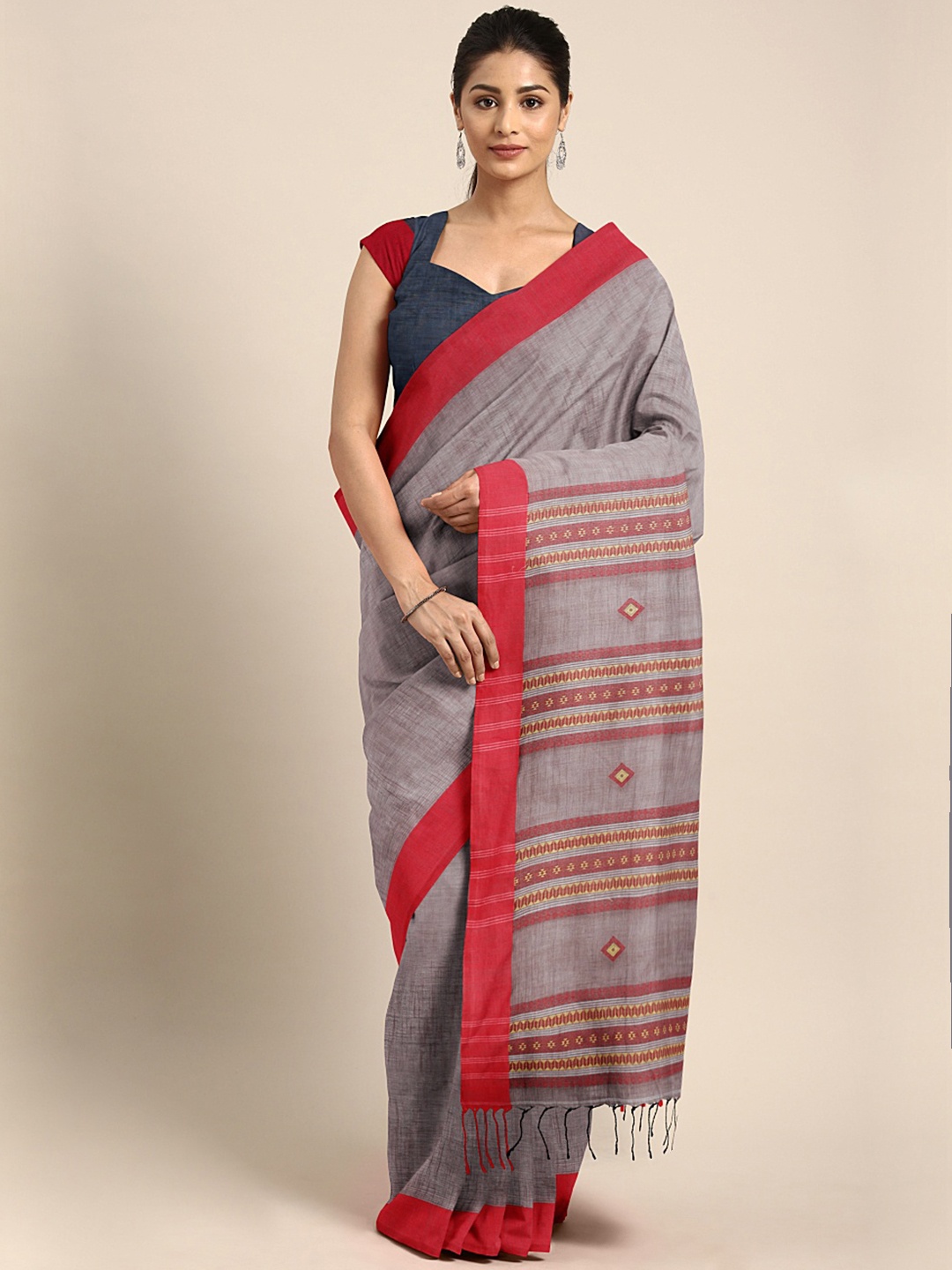 

Kalakari India Grey & Multicoloured Pure Cotton Jamdani Saree