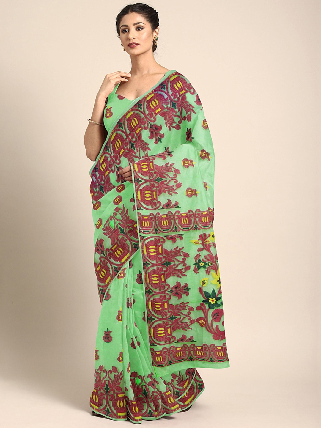 

Kalakari India Green & Brown Woven Design Silk Cotton Jamdani Saree