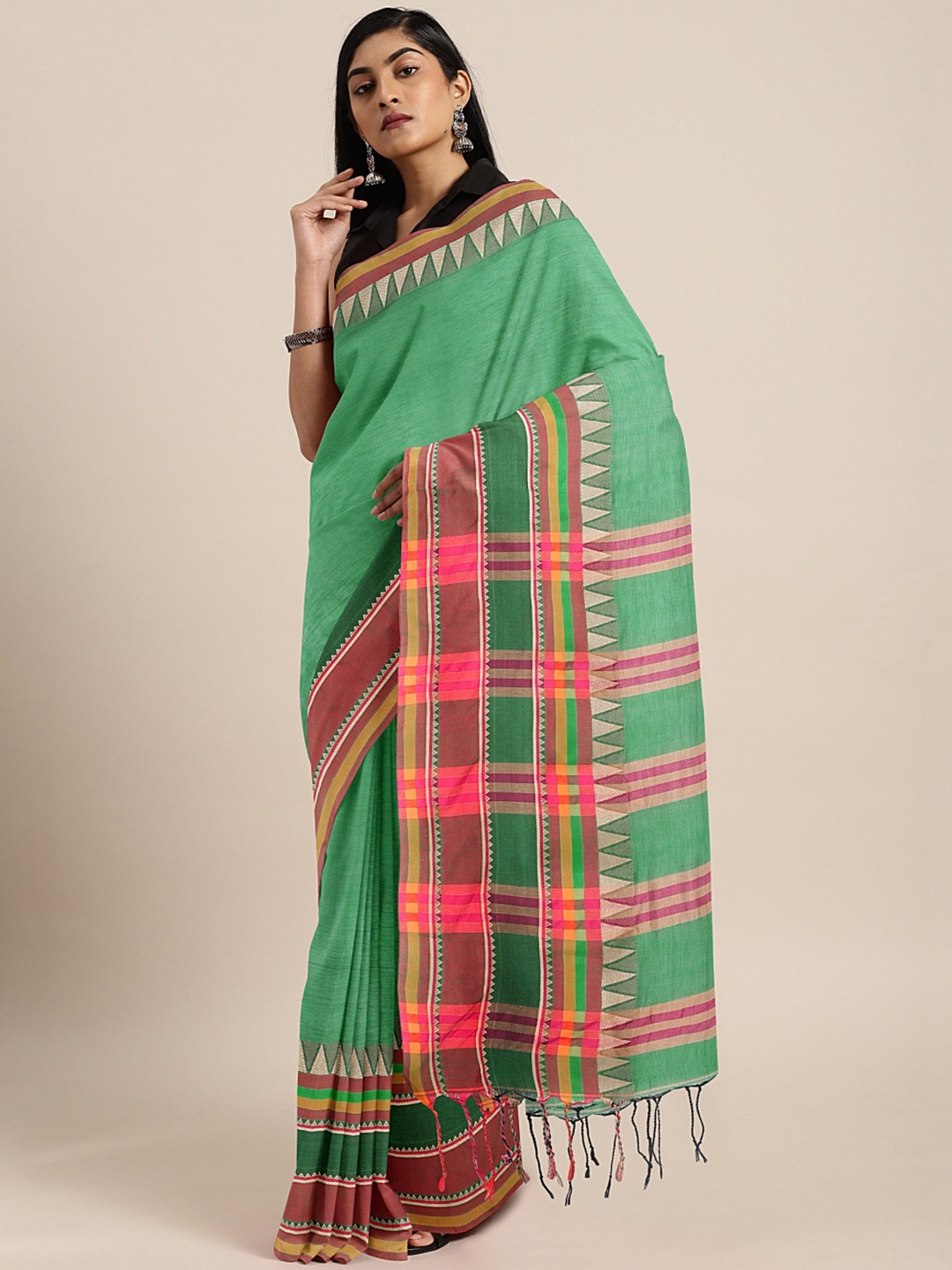 

Kalakari India Green & Pink Woven Design Kutchi Embroidery Pure Cotton Jamdani Saree