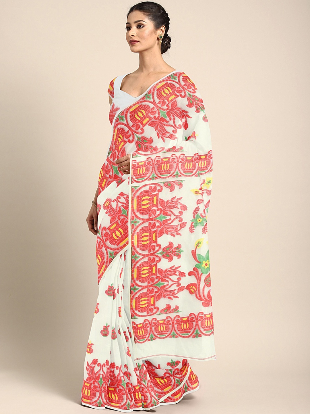 

Kalakari India Cream-Coloured & Multicoloured Woven Design Silk Cotton Jamdani Saree
