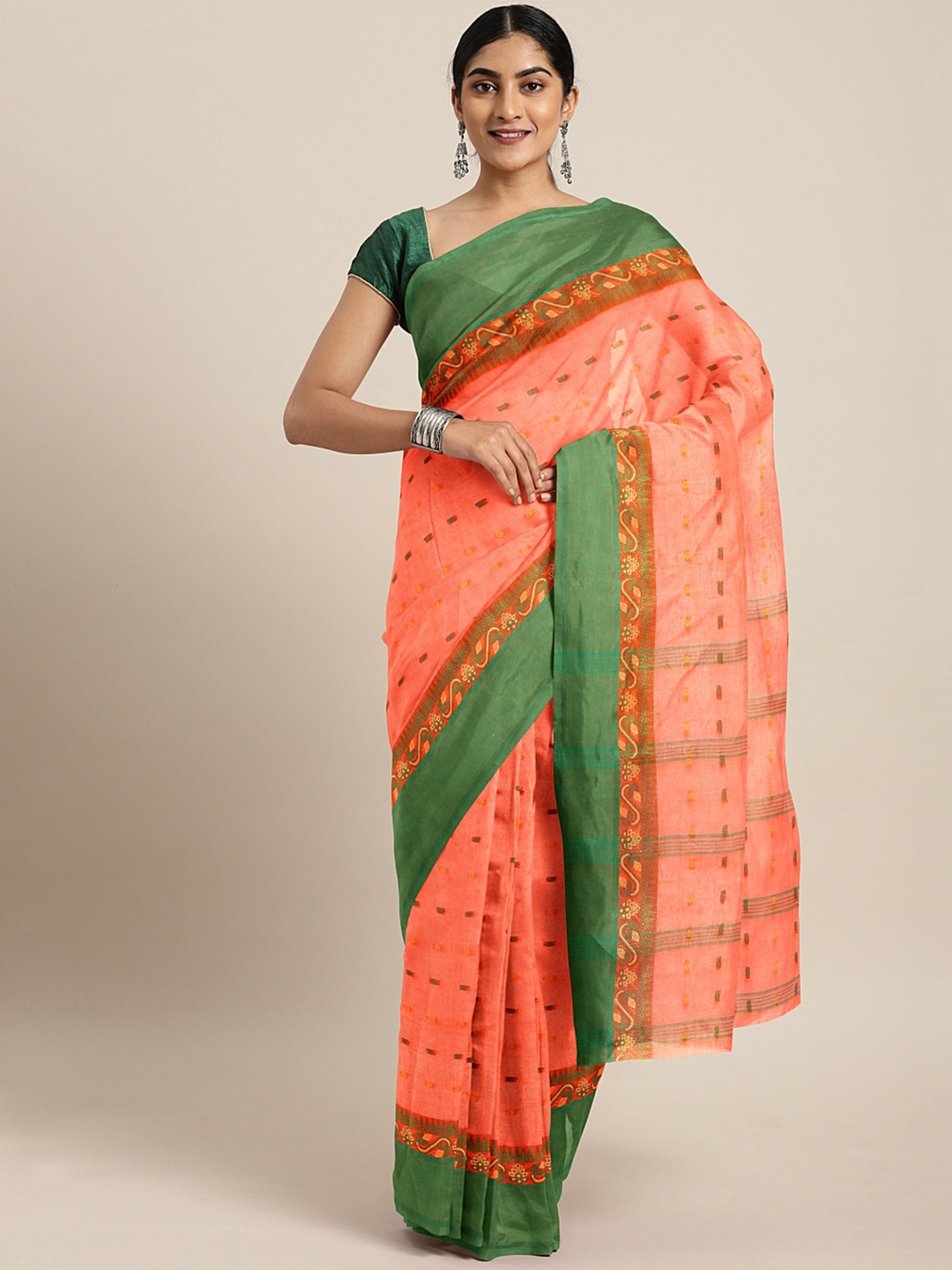 

Kalakari India Orange & Green Woven Design Silk Cotton Taant Saree