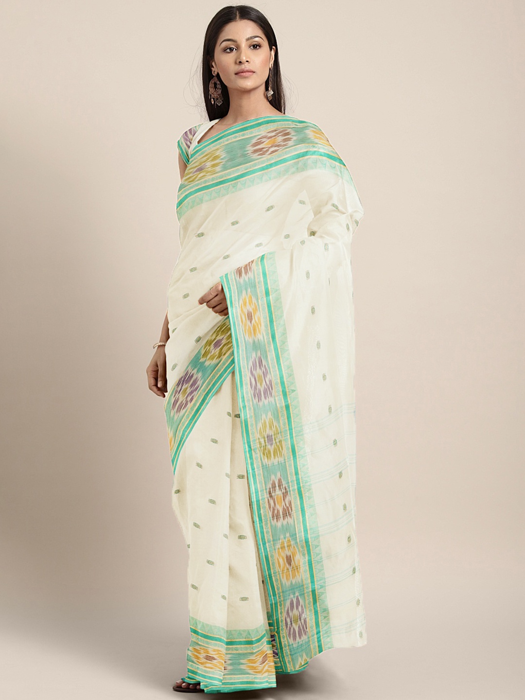 

Kalakari India Off White & Green Woven Design Silk Cotton Taant Saree