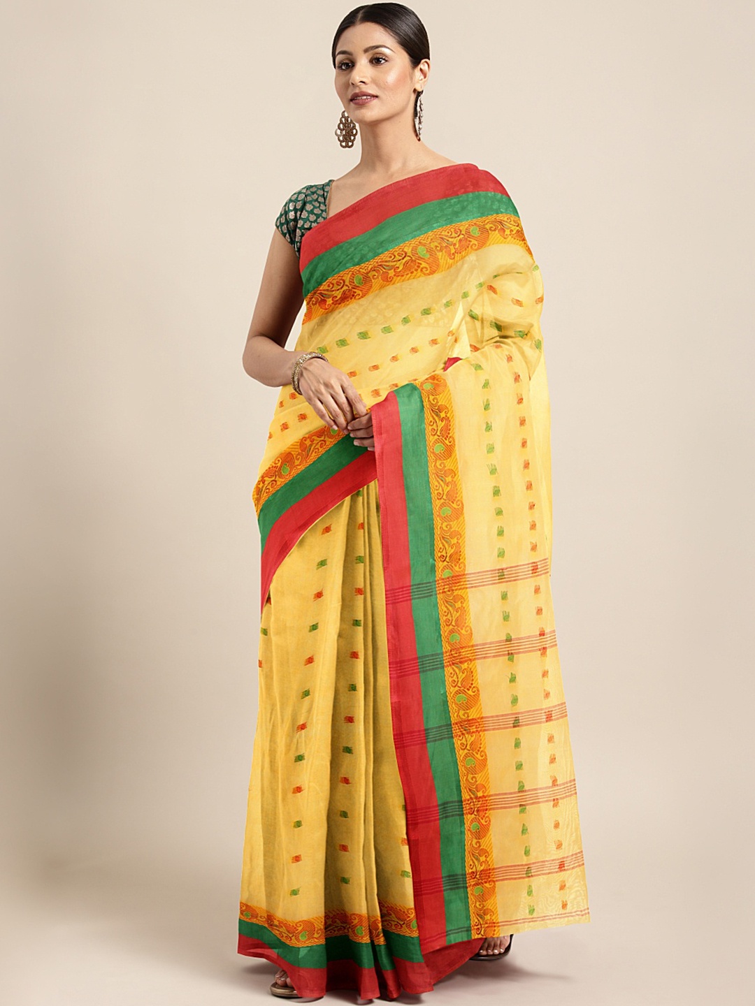 

Kalakari India Yellow & Green Woven Design Silk Cotton Taant Saree