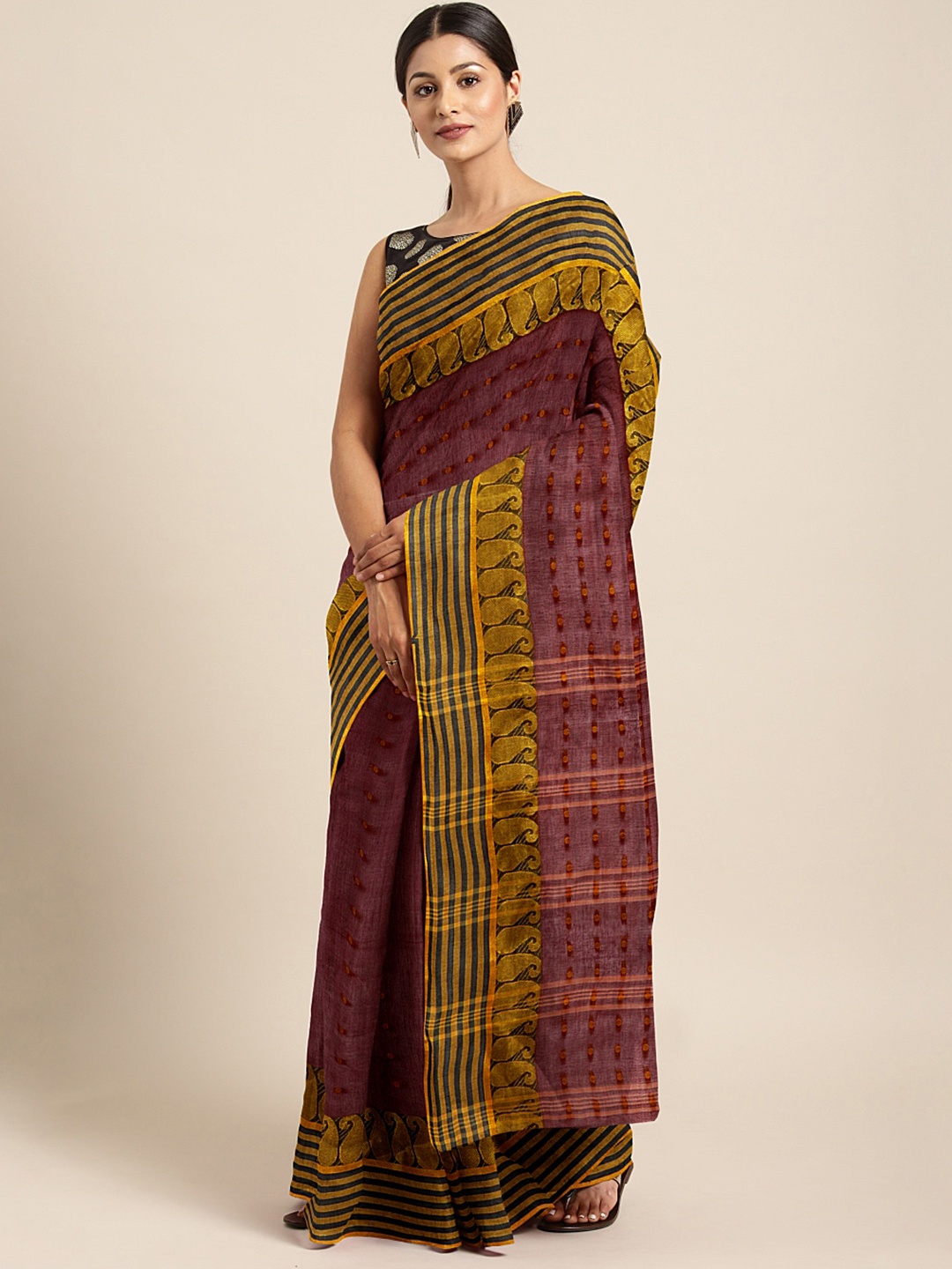 

Kalakari India Maroon & Mustard Woven Design Silk Cotton Taant Saree