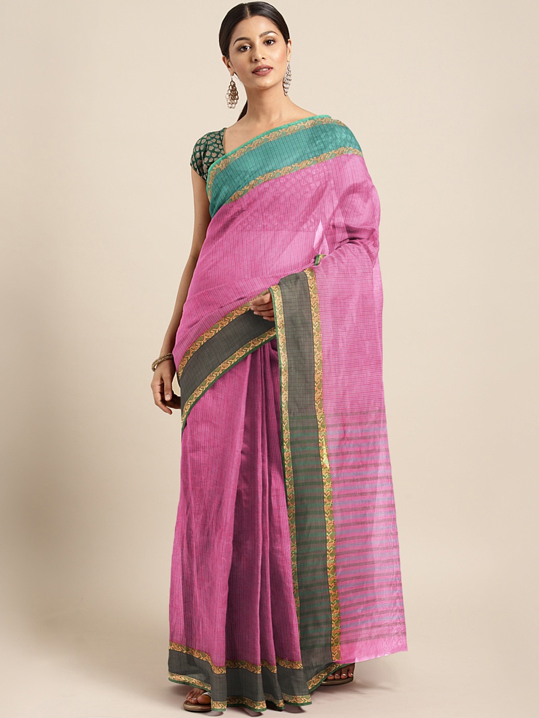 

Kalakari India Pink & Multicoloured Woven Design Silk Cotton Taant Saree