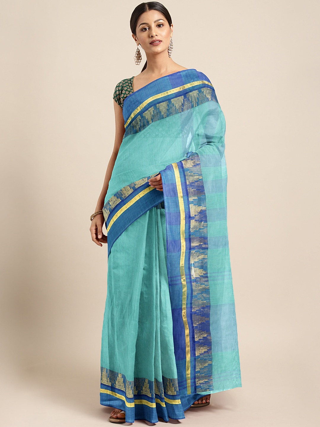 

Kalakari India Blue & Multicoloured Woven Design Silk Cotton Taant Saree