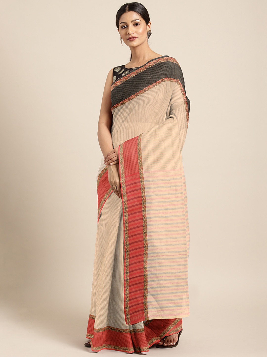 

Kalakari India Peach-Coloured & Red Woven Design Silk Cotton Taant Saree