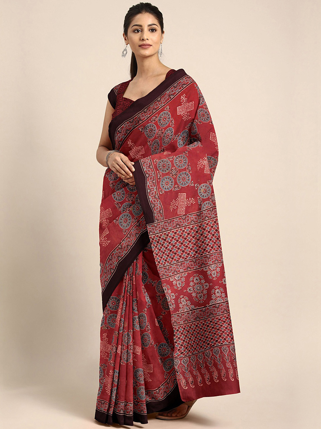 

Kalakari India Red & Black Ethnic Motifs Pure Cotton Block Print Saree