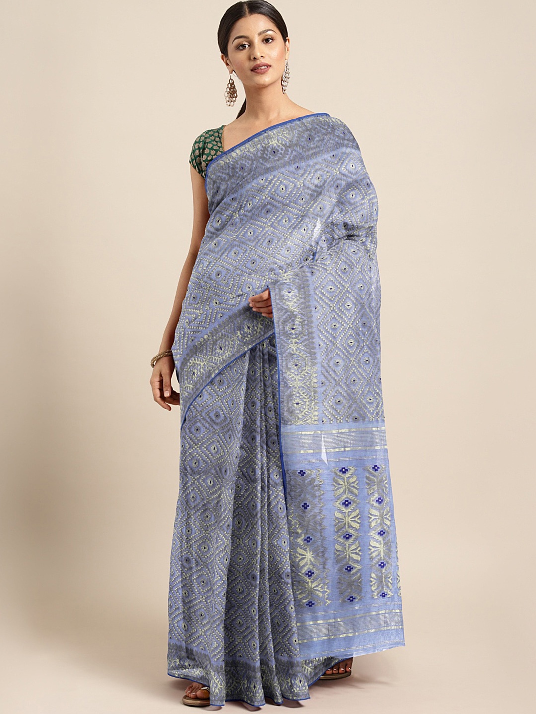 

Kalakari India Purple & Gold-Toned Silk Cotton Jamdani Saree