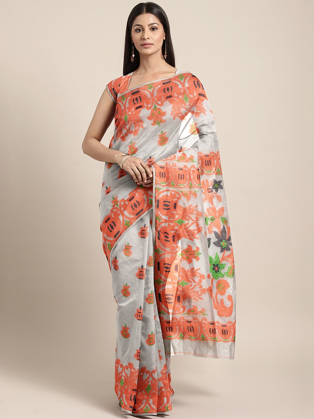

Kalakari India Off White & Orange Woven Design Silk Cotton Jamdani Saree