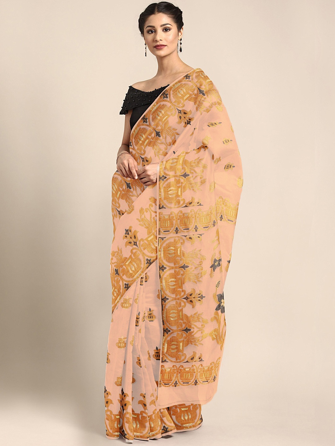 

Kalakari India Peach-Coloured & Mustard Woven Design Silk Cotton Jamdani Saree