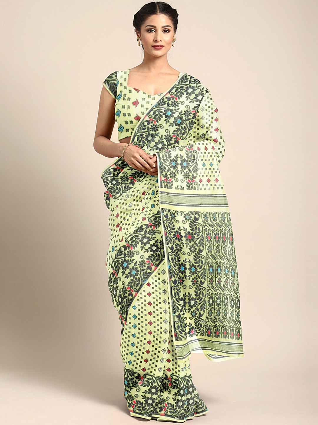 

Kalakari India Yellow & Green Woven Design Silk Cotton Jamdani Saree