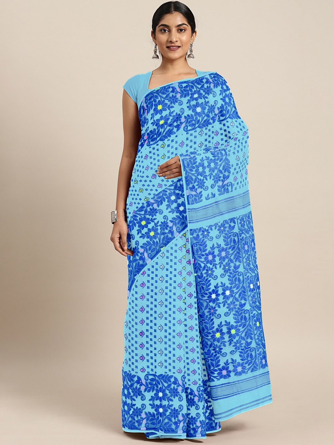 

Kalakari India Blue & Multicoloured Woven Design Silk Cotton Jamdani Saree