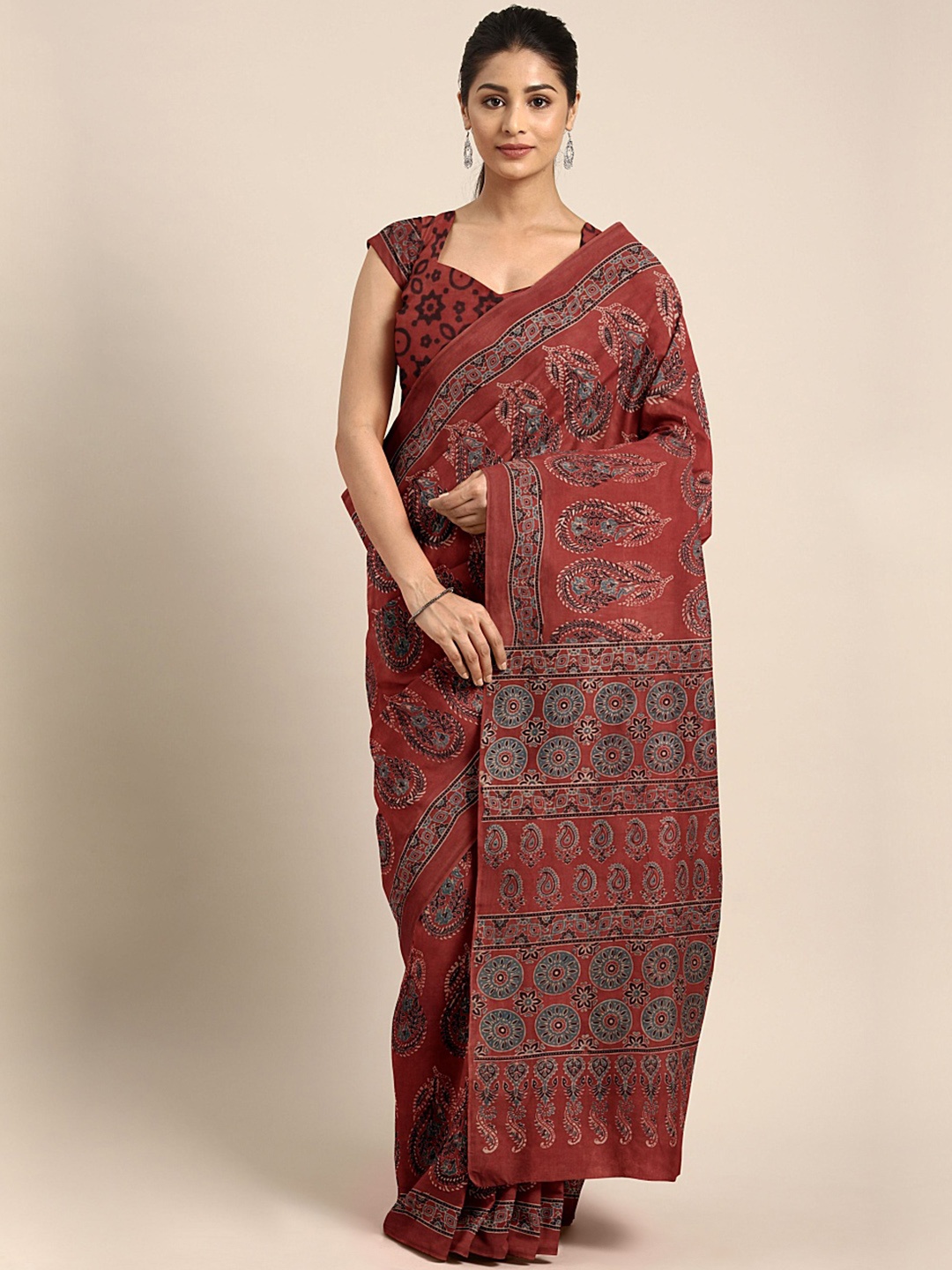 

Kalakari India Red & Multicoloured Ethnic Motifs Pure Cotton Block Print Saree