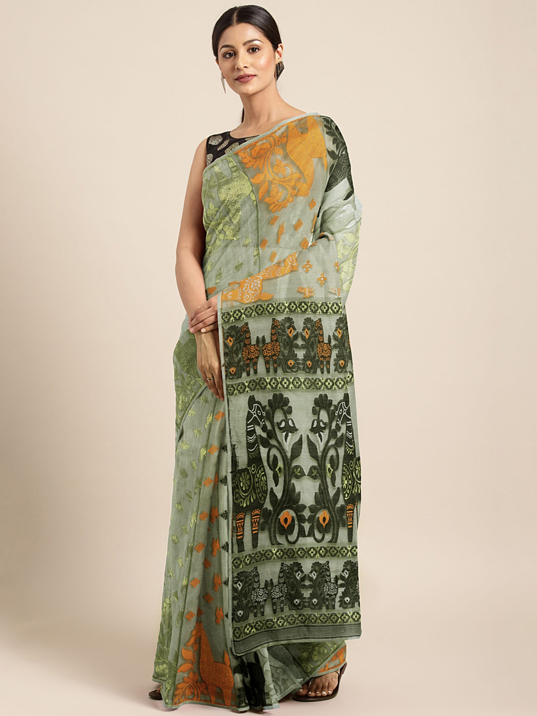 

Kalakari India Green & Orange Woven Design Silk Cotton Jamdani Saree