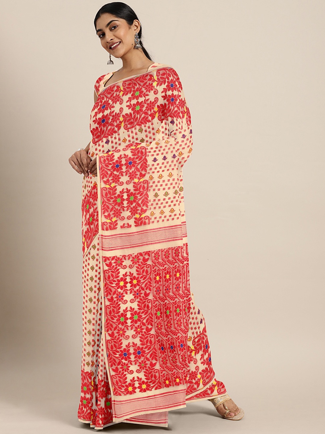 

Kalakari India Cream-Coloured & Multicoloured Woven Design Silk Cotton Jamdani Saree