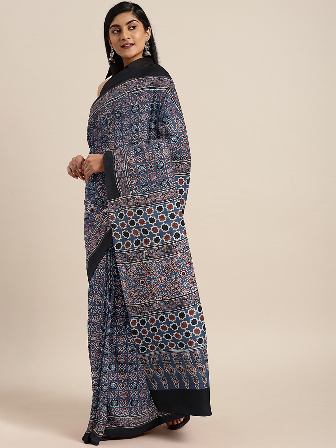 

Kalakari India Blue & Multicoloured Ethnic Motifs Pure Cotton Block Print Saree