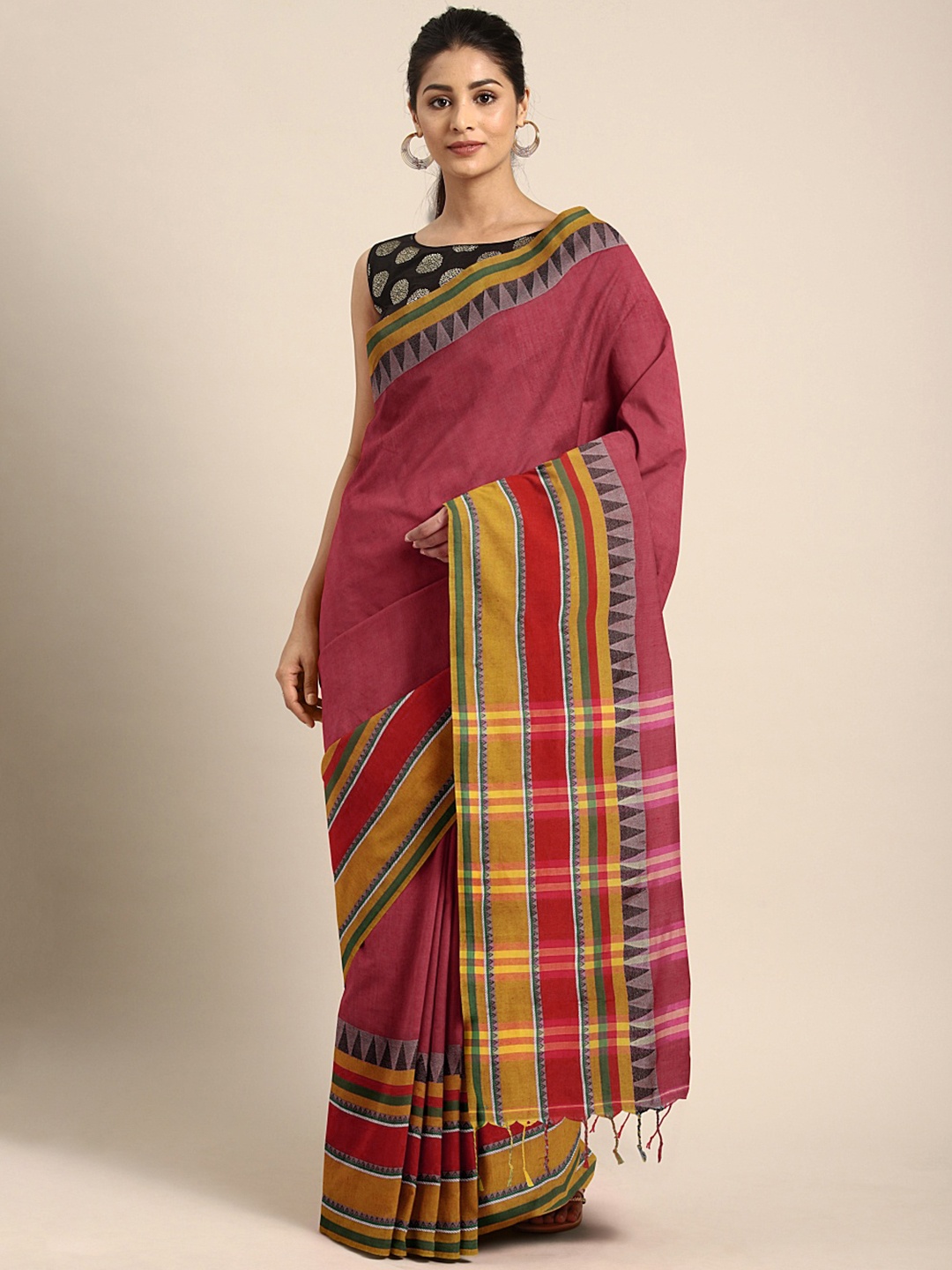 

Kalakari India Maroon & Yellow Woven Design Kutchi Embroidery Pure Cotton Jamdani Saree