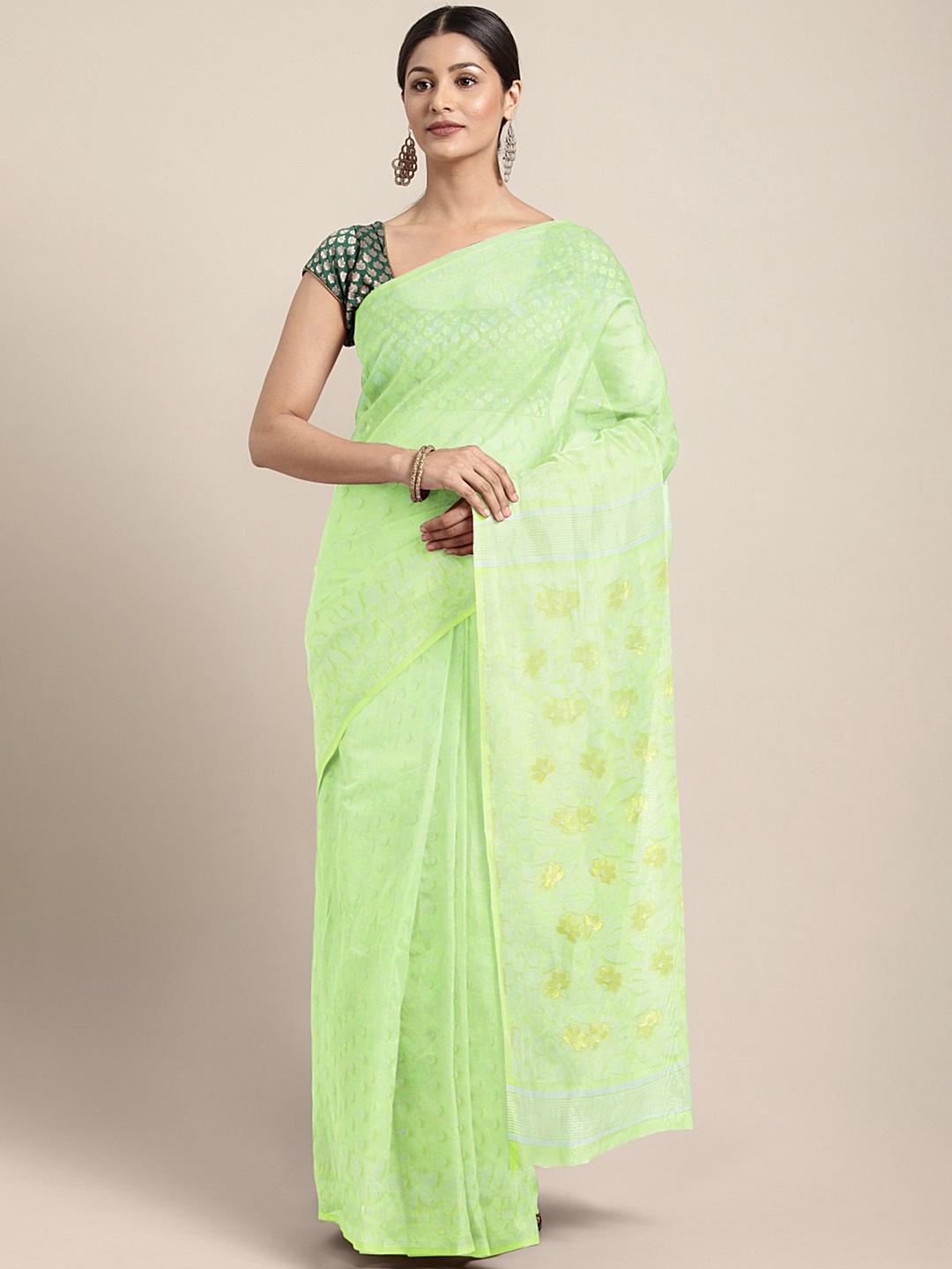 

Kalakari India Green Floral Silk Cotton Jamdani Saree