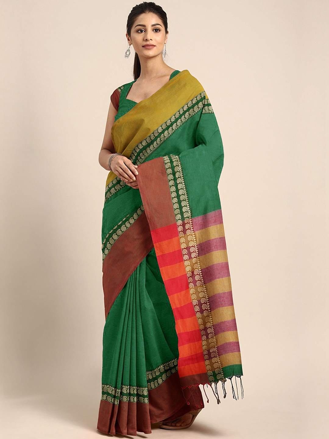 

Kalakari India Green & Red Woven Design Kutchi Embroidery Pure Cotton Jamdani Saree