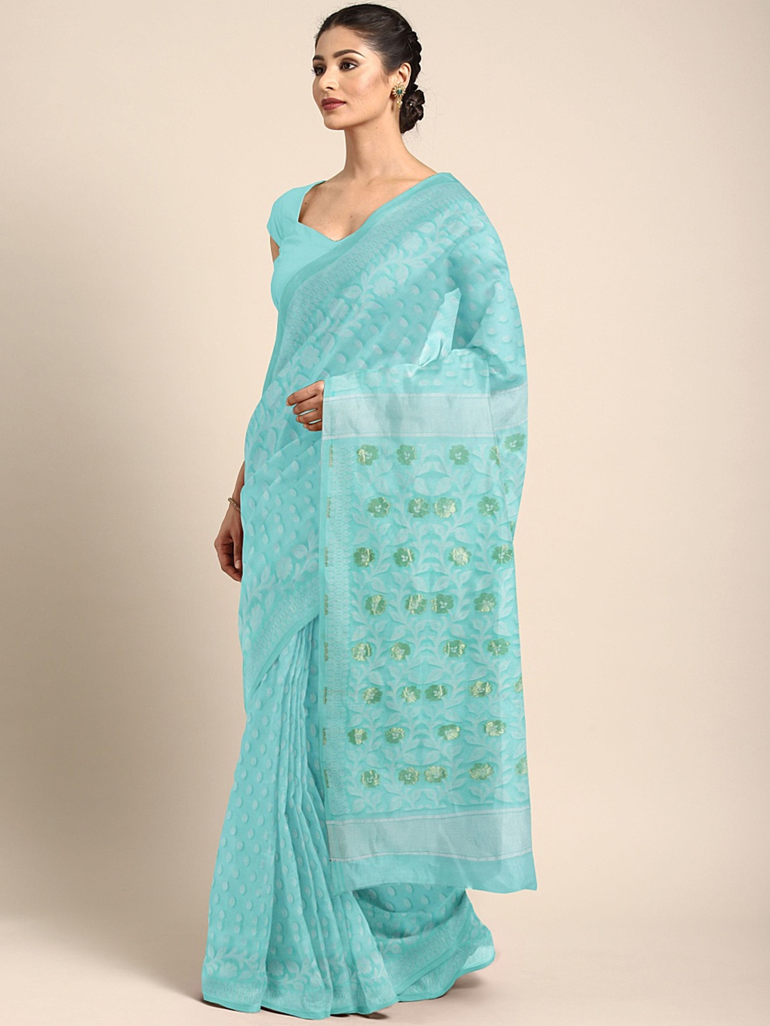 

Kalakari India Sea Green & Blue Floral Silk Cotton Jamdani Saree