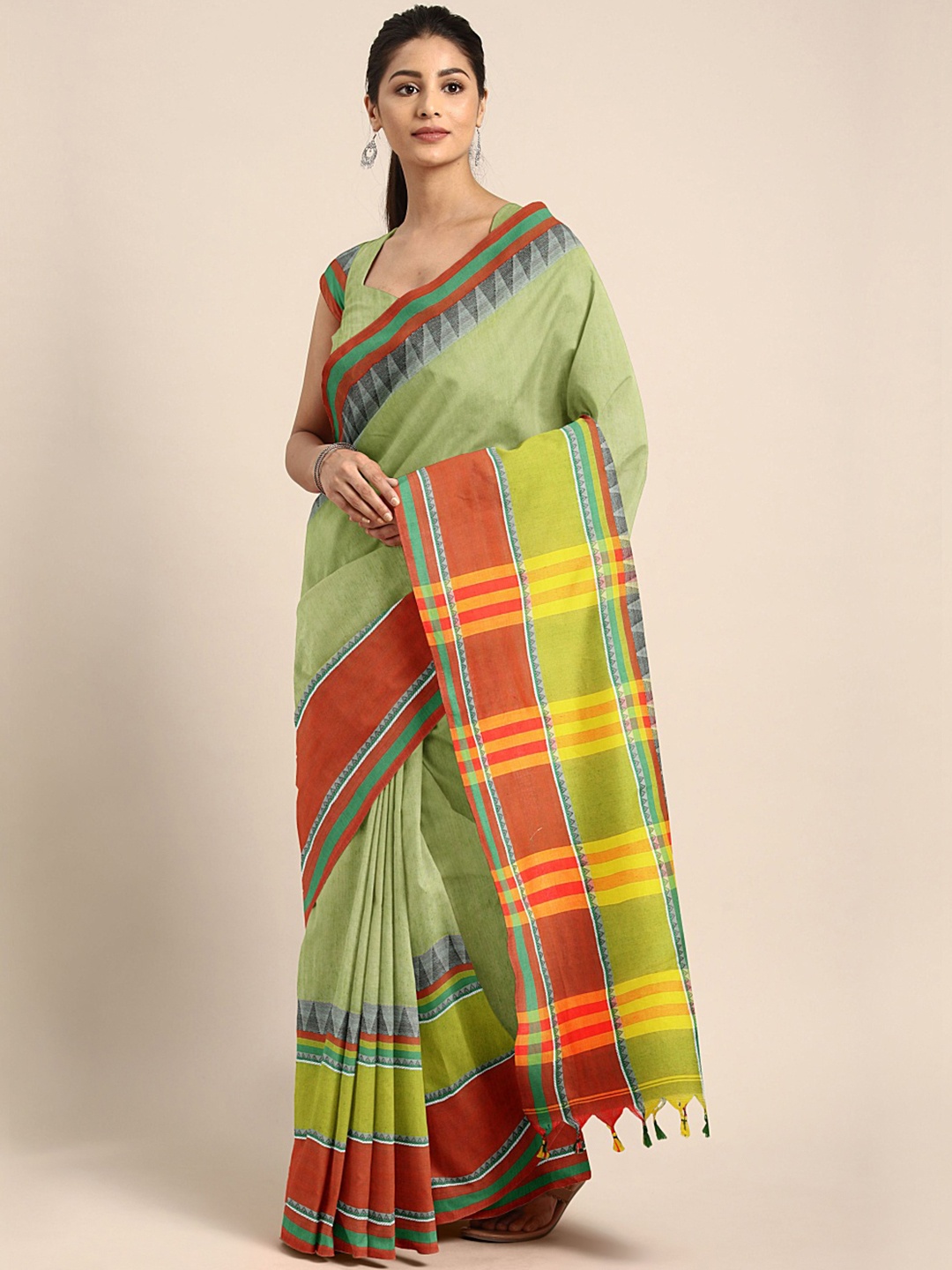 

Kalakari India Green & Red Woven Design Kutchi Embroidery Pure Cotton Jamdani Saree