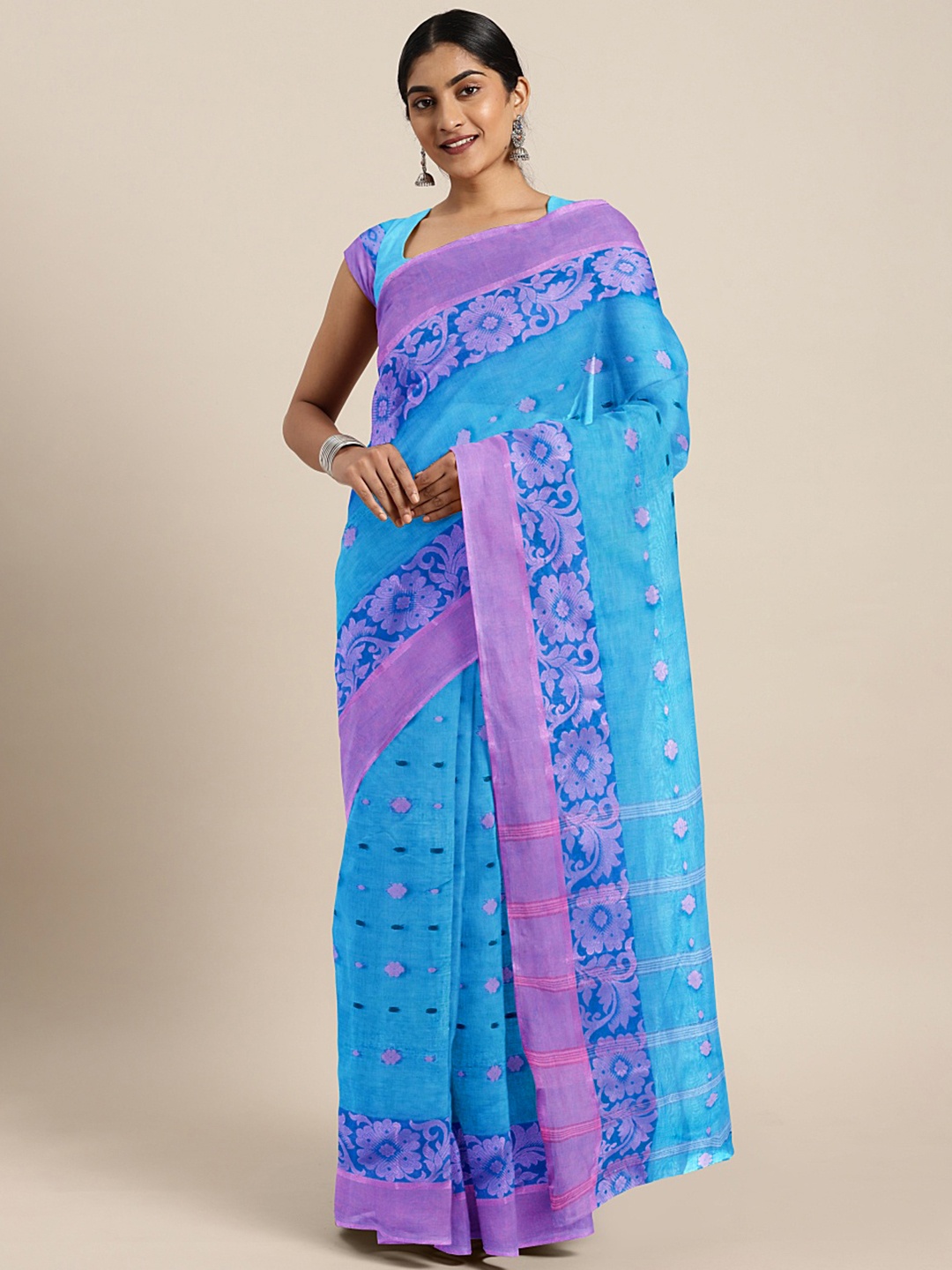 

Kalakari India Blue & Pink Woven Design Silk Cotton Taant Saree