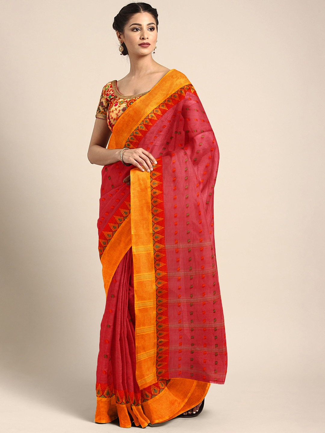 

Kalakari India Red & Orange Woven Design Silk Cotton Taant Saree
