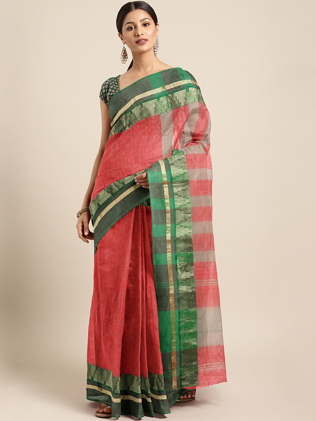 

Kalakari India Red & Green Woven Design Silk Cotton Taant Saree