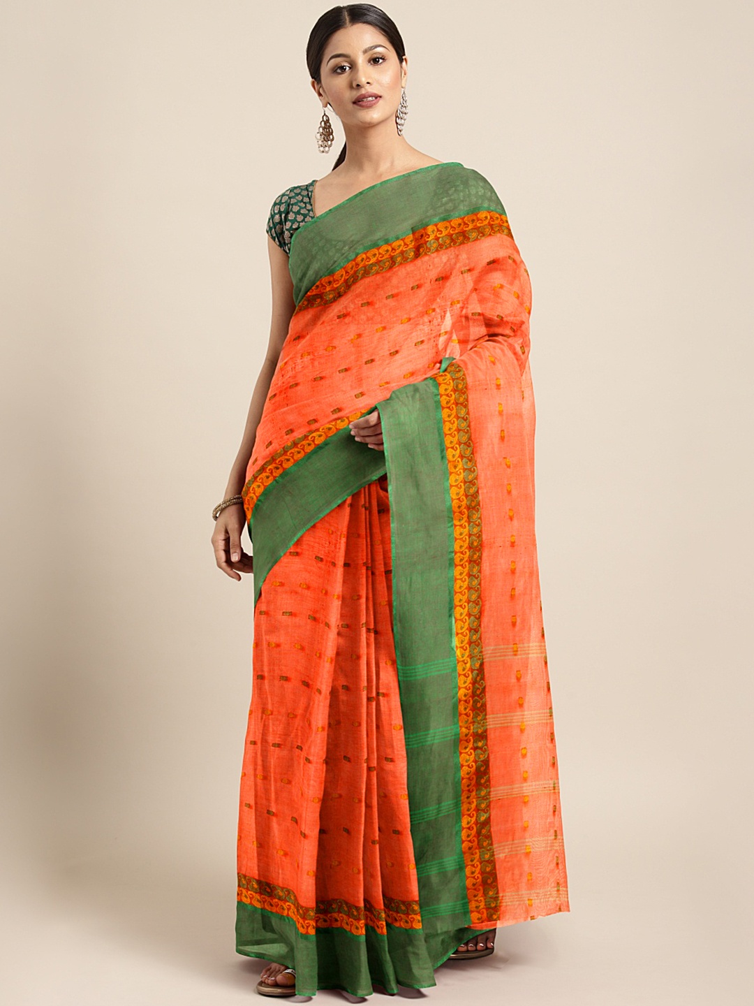 

Kalakari India Orange Paisley Silk Cotton Taant Saree