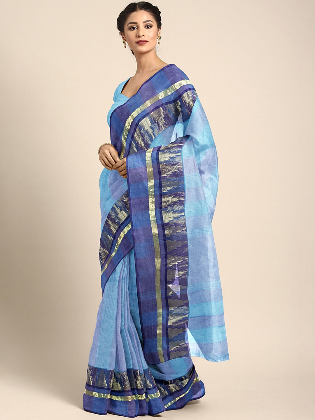 

Kalakari India Blue Striped Zari Silk Cotton Taant Saree
