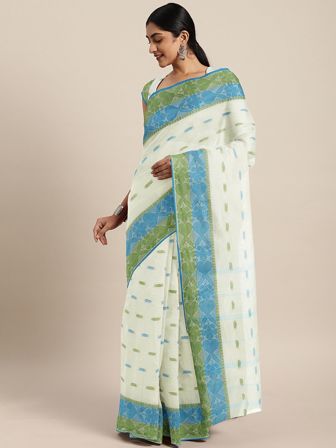 

Kalakari India Off White & Green Woven Design Silk Cotton Taant Saree