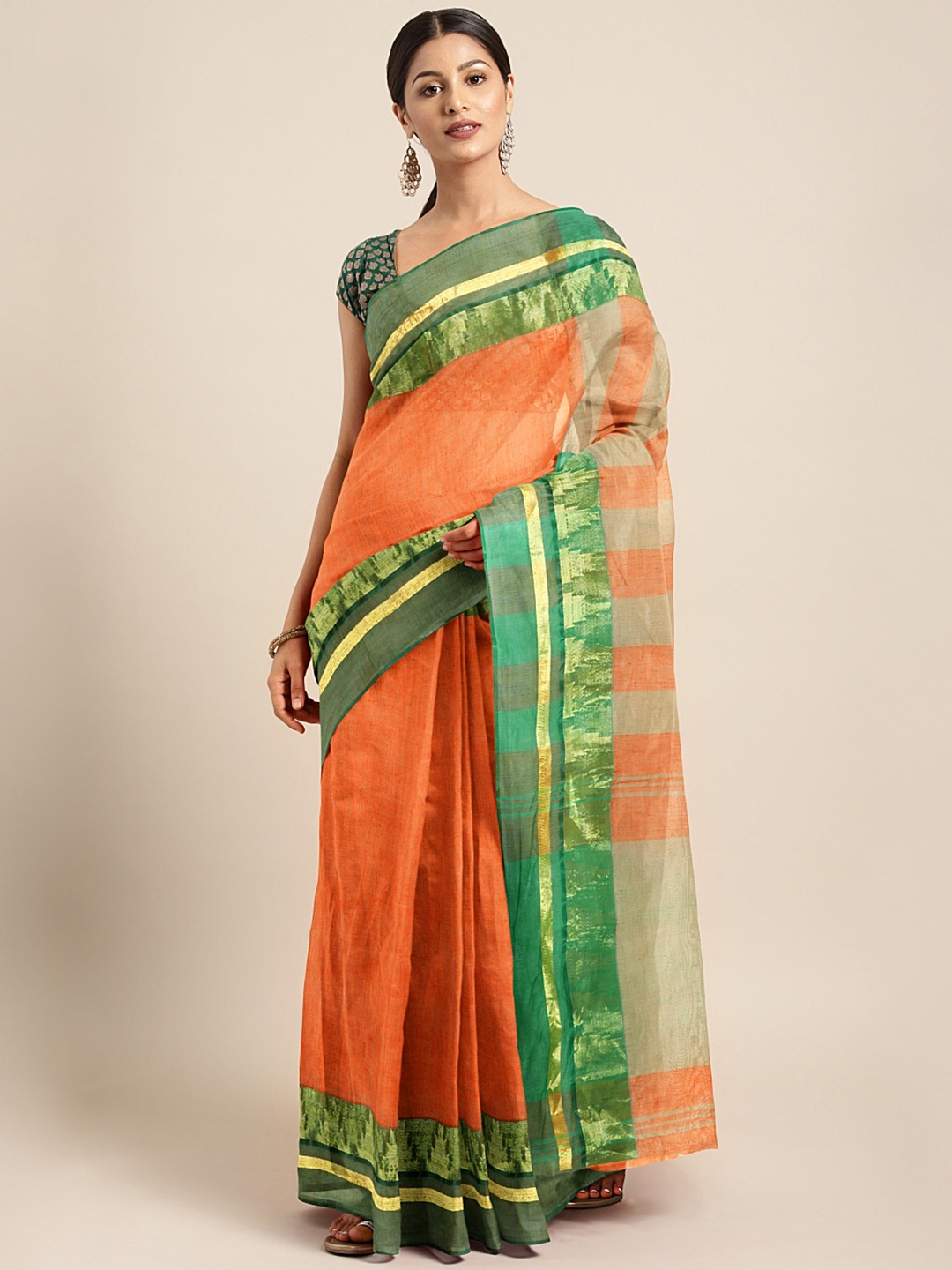 

Kalakari India Orange & Green Woven Design Silk Cotton Taant Saree