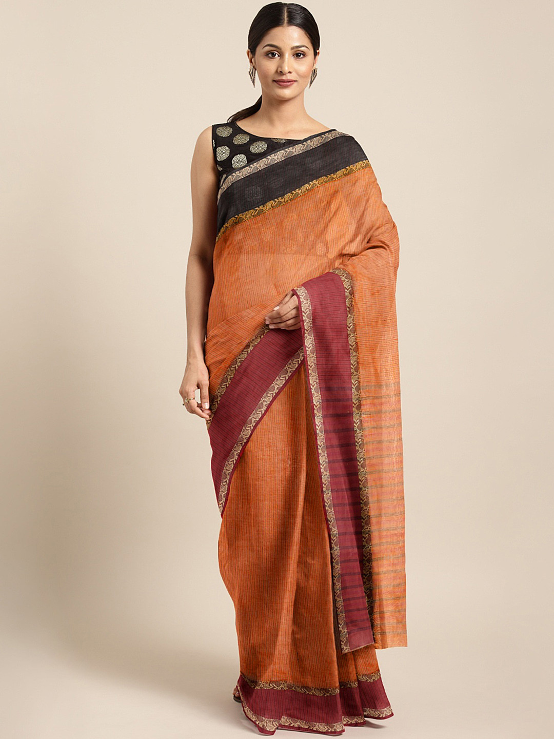 

Kalakari India Mustard & Multicoloured Woven Design Silk Cotton Taant Saree