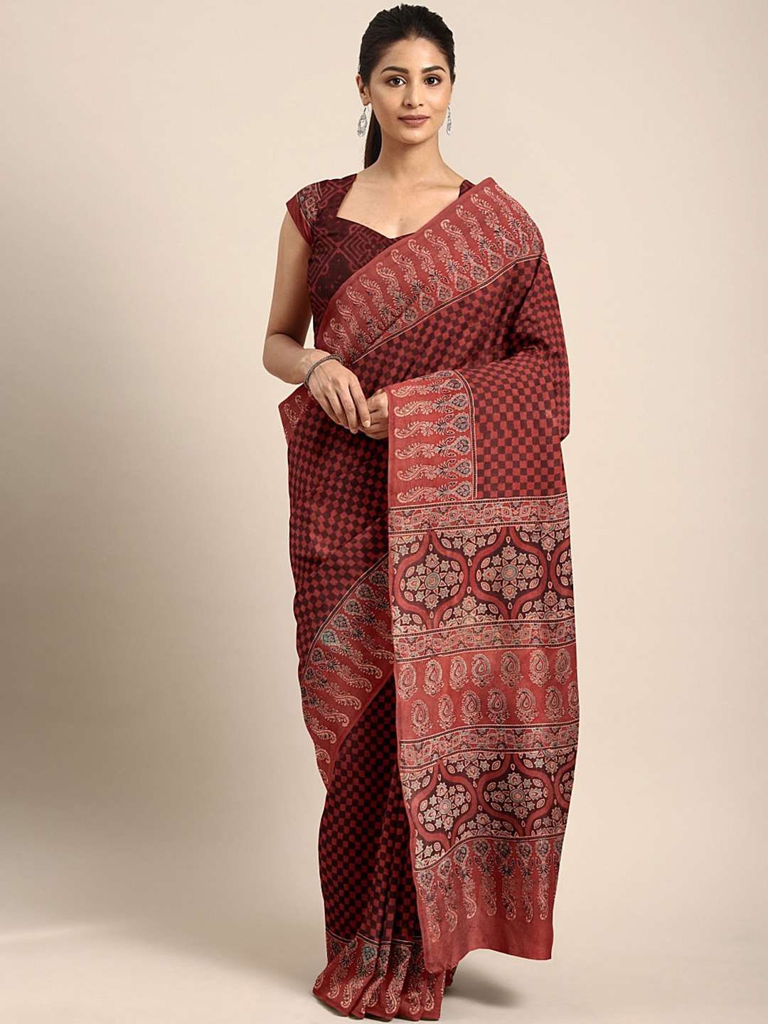 

Kalakari India Red & Black Ethnic Motifs Pure Cotton Block Print Saree