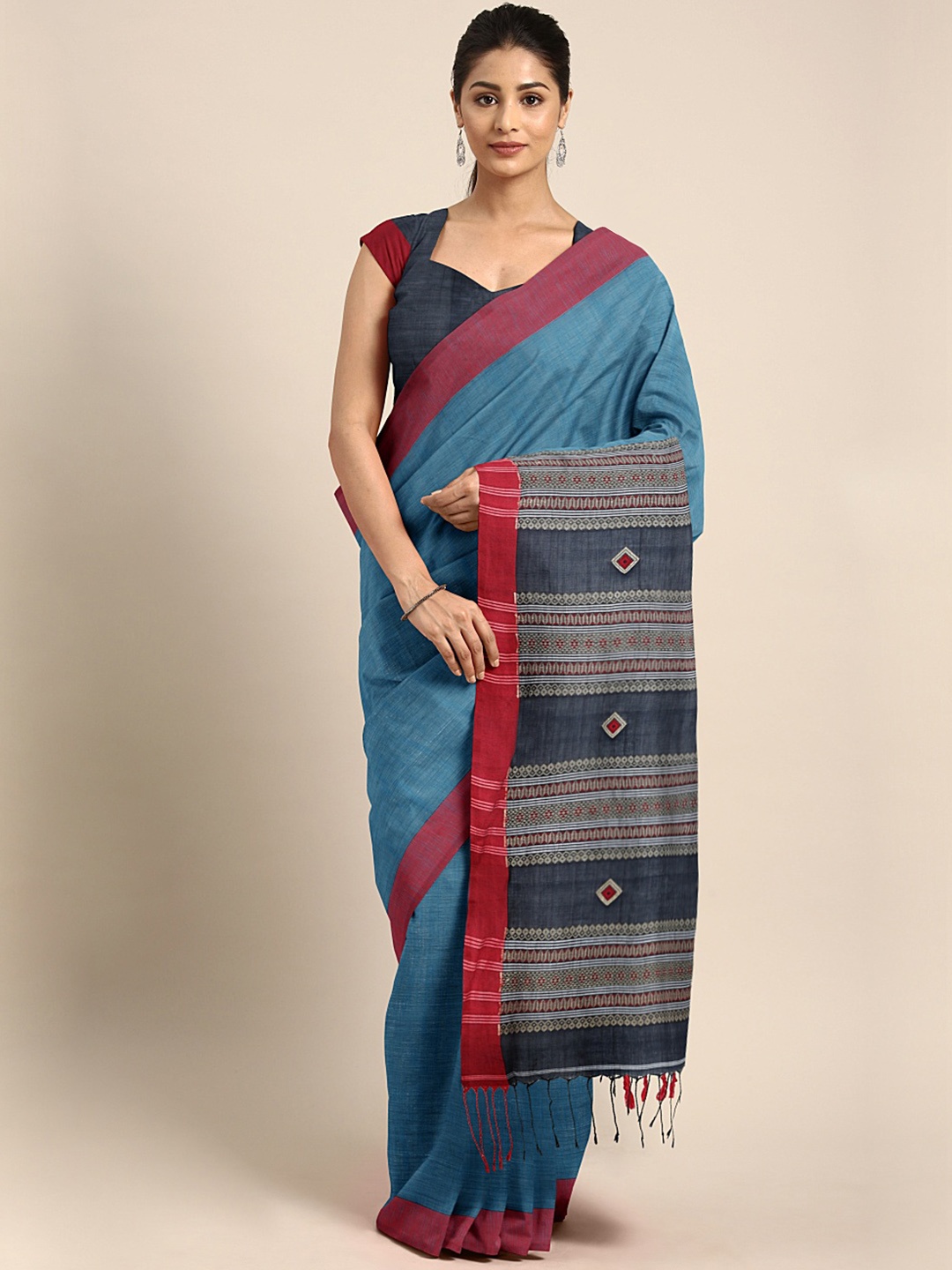

Kalakari India Blue Pure Cotton Jamdani Saree