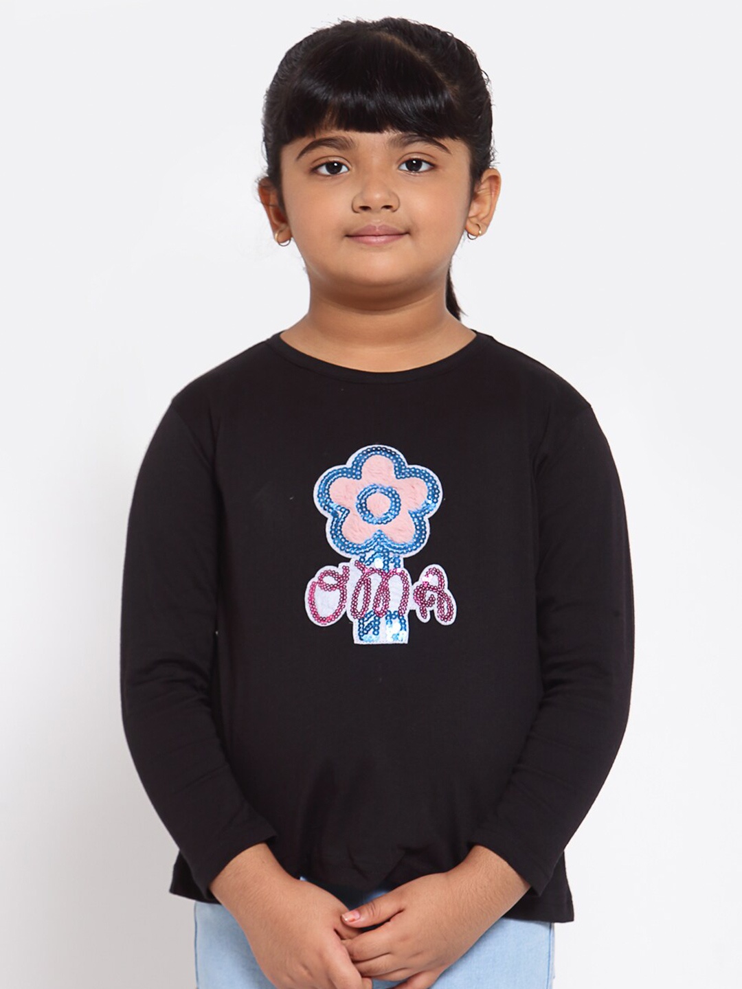 

NYNSH Girls Black Pink Pure Cotton T-shirt