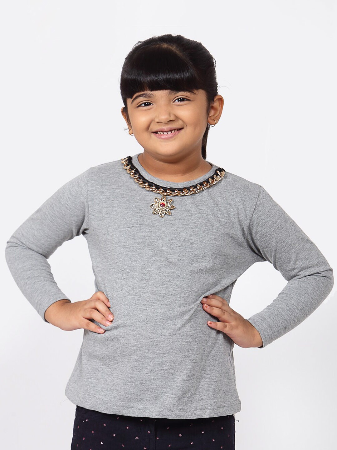 

NYNSH Girls Grey Embellished Pure Cotton T-shirt