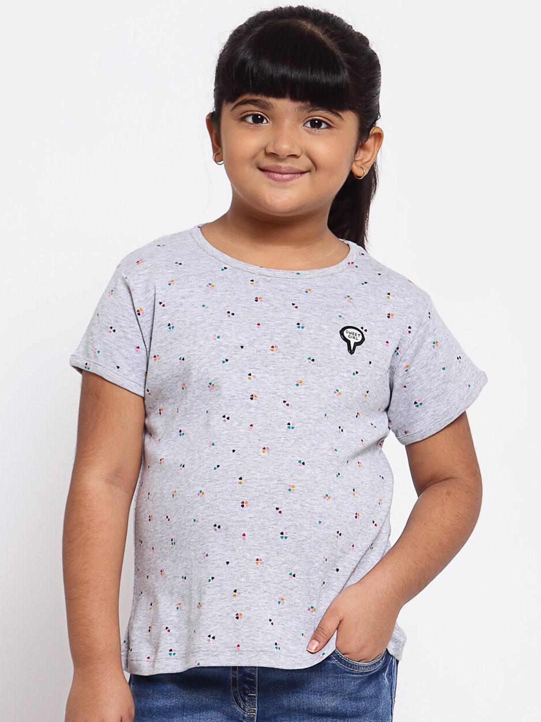 

NYNSH Girls Grey Printed Pure Cotton T-shirt