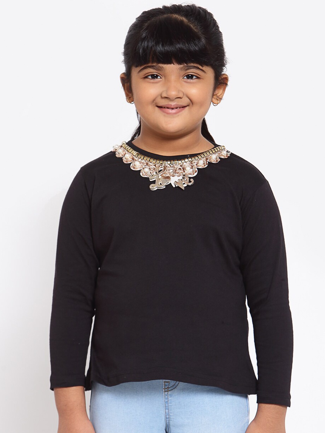 

NYNSH Girls Black & Beige Embellished T-shirt