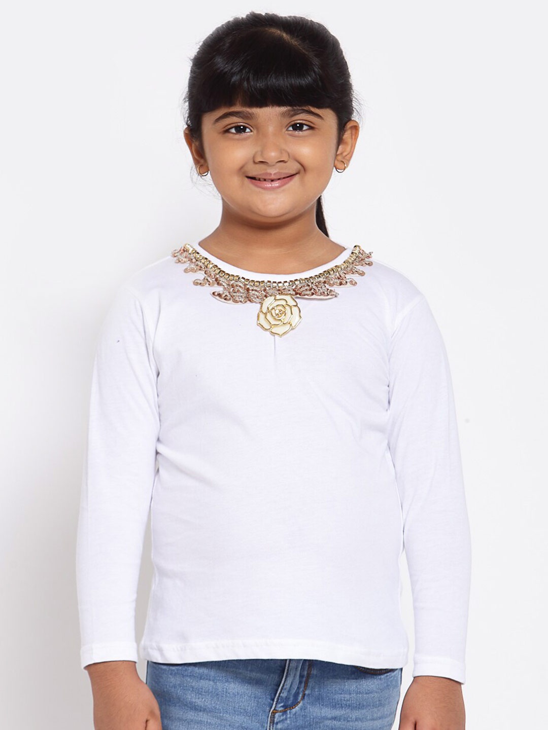 

NYNSH Girls White & Beige Embellished T-shirt