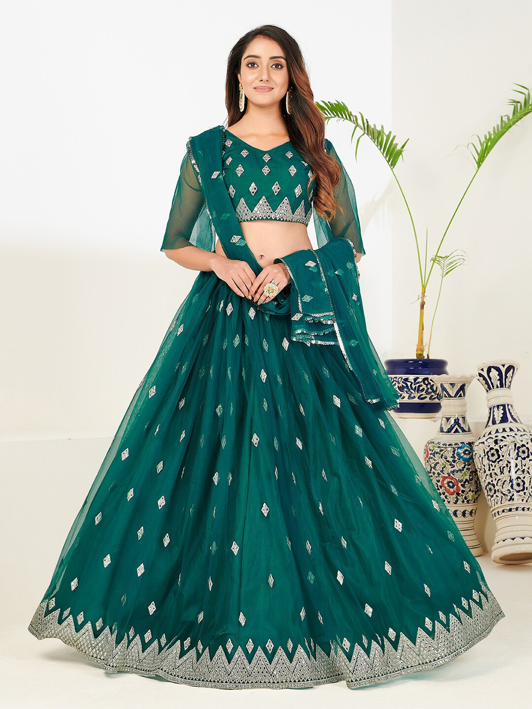 

SHOPGARB Teal & Silver-Toned Semi-Stitched Lehenga & Unstitched Choli With Dupatta