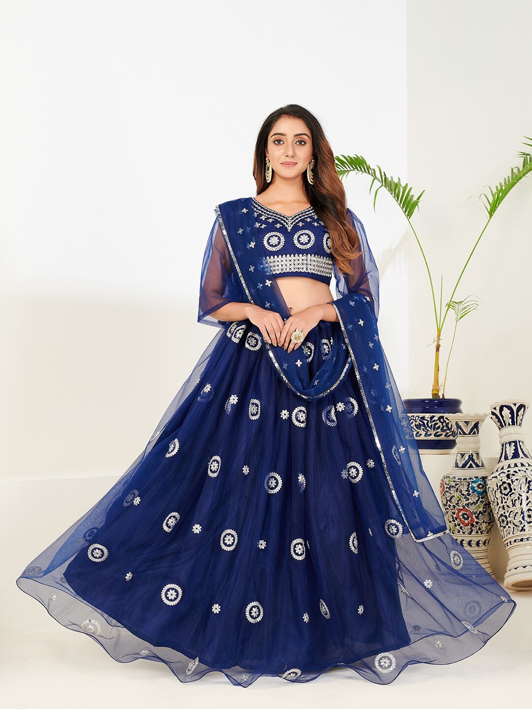 

SHOPGARB Navy Blue & Silver-Toned Semi-Stitched Lehenga & Unstitched Choli With Dupatta
