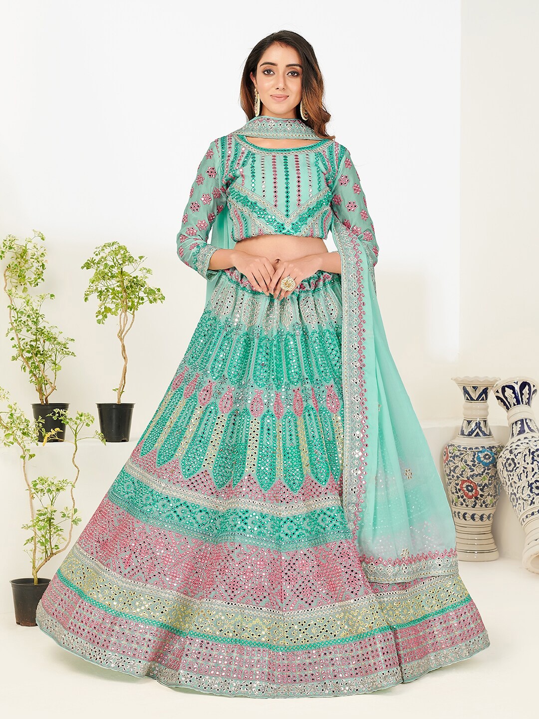 

SHOPGARB Turquoise Blue Mirror Work Semi-Stitched Lehenga & Unstitched Choli With Dupatta