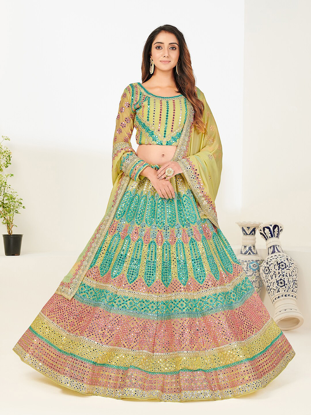 

SHOPGARB Yellow & Green Mirror Work Semi-Stitched Lehenga & Unstitched Choli With Dupatta
