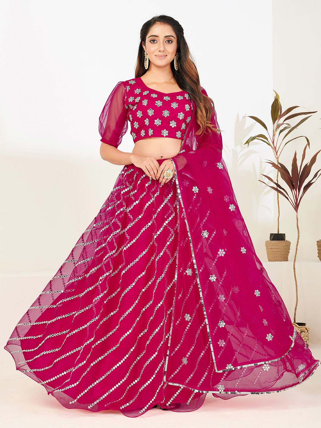

SHOPGARB Pink & Silver-Toned Embellished Semi-Stitched Lehenga &Unstitched Choli & Dupatta