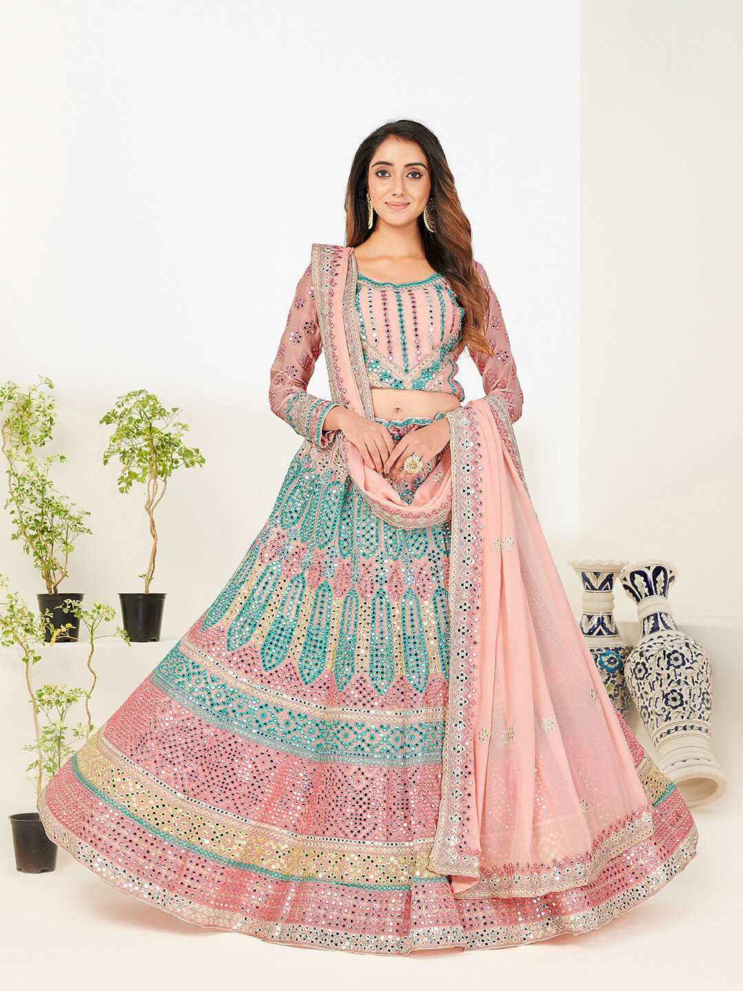 

SHOPGARB Pink & Blue Mirror Work Semi-Stitched Lehenga & Unstitched Choli With Dupatta
