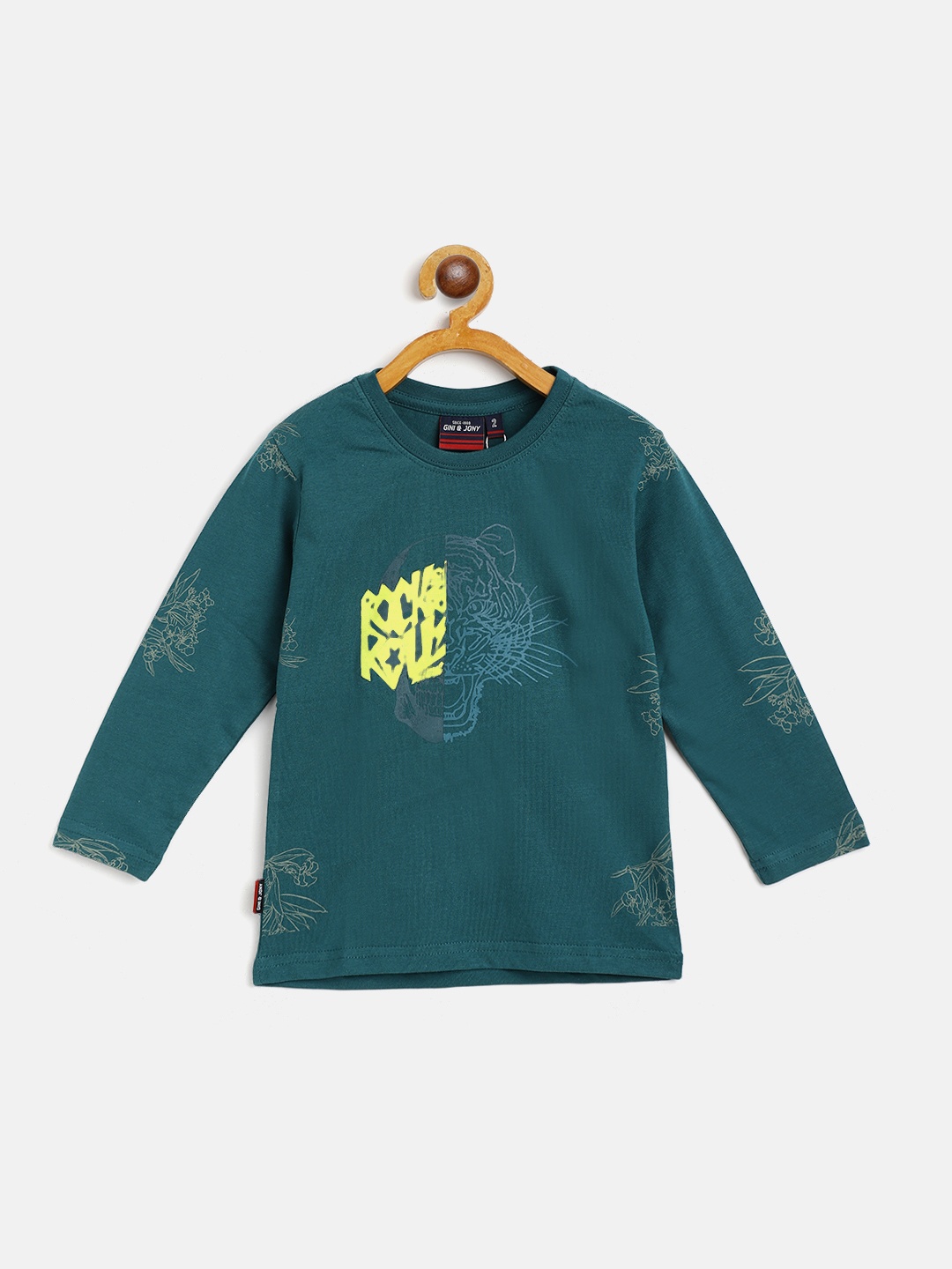 

Gini and Jony Boys Teal Green Yellow Printed Pure Cotton T-shirt